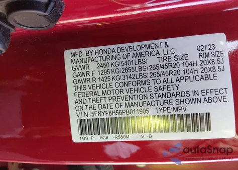 2023 Honda Passport Awd Ex-L from USA, damaged, VIN 5FNYF8H56PB011905